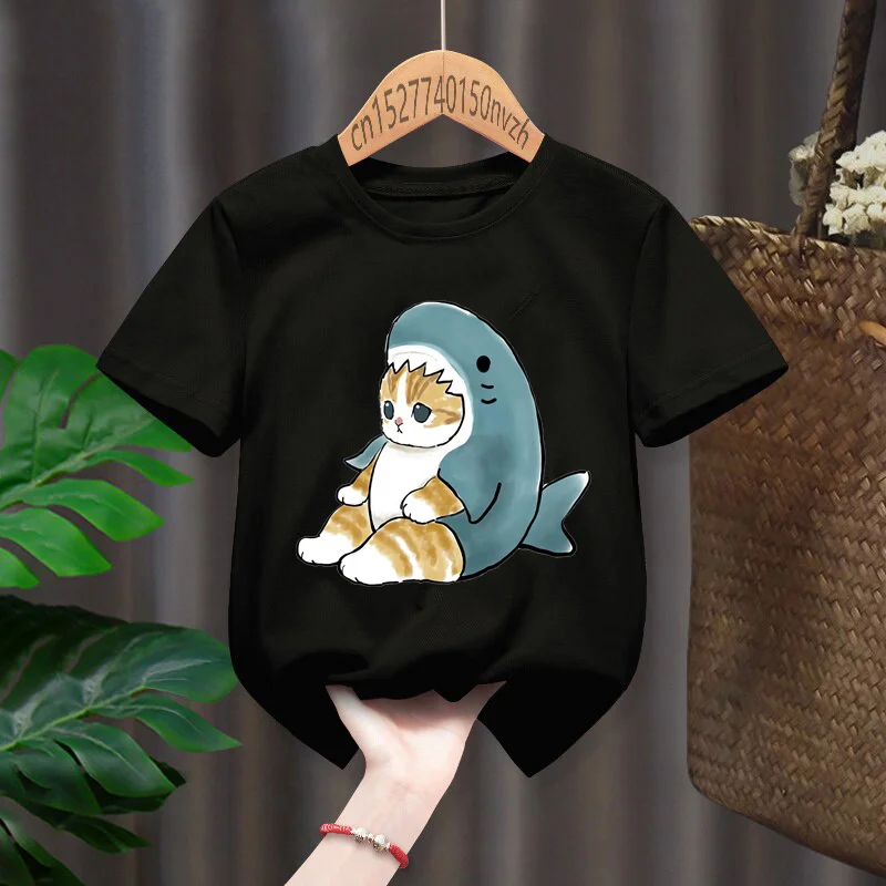 Nette Shark Katze Druck Rot Kind T-shirts Kinder Baby Schwarz Harajuku Kawaii Kleidung Junge Mädchen Tops Geschenk Präsentieren, drop Schiff