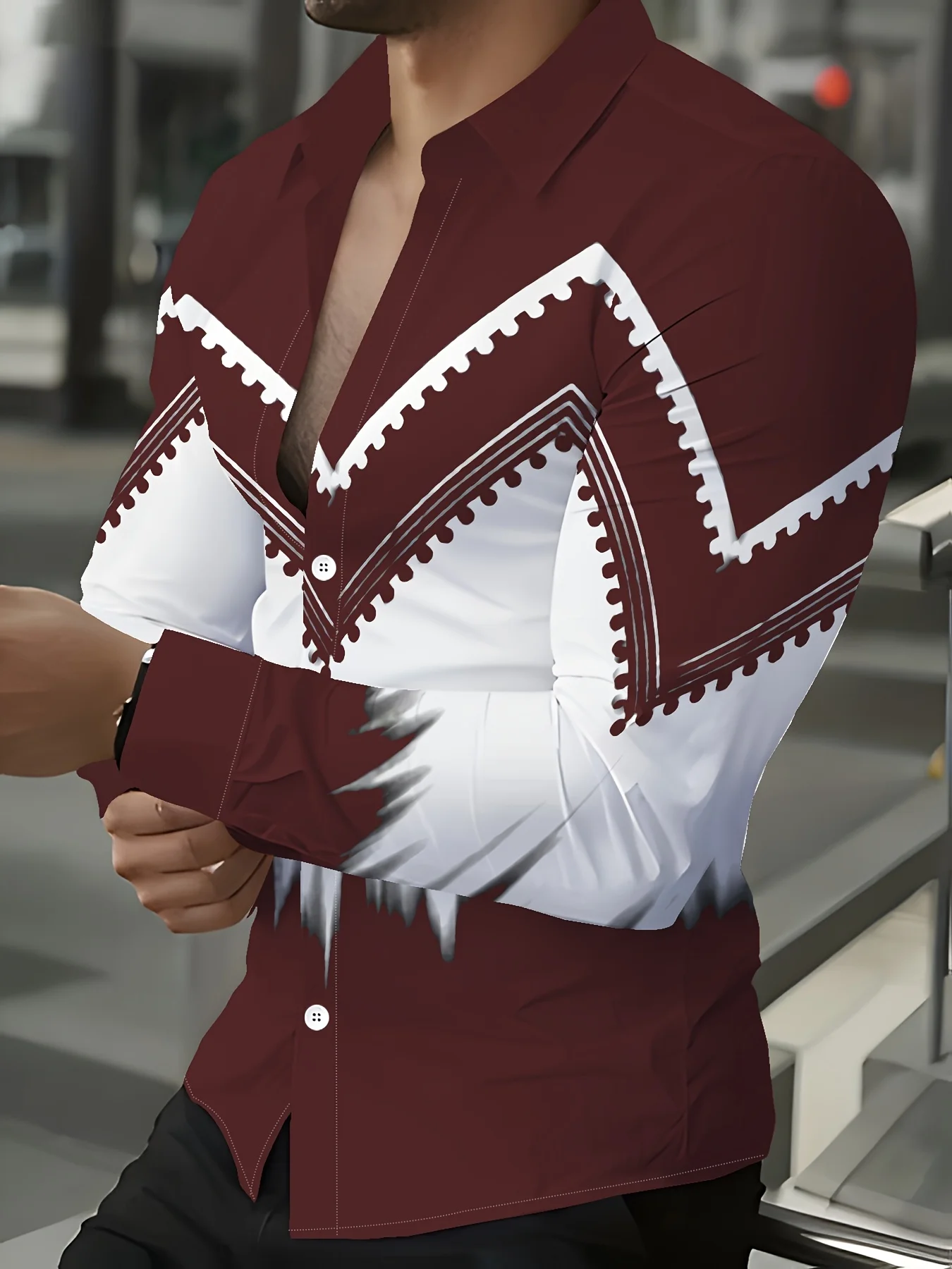Men's Shirt Long Sleeve Western Ethnic Geometric Splice Print Turn‑Down Collar Button Casual Autumn Streetwear Top Men Clothes