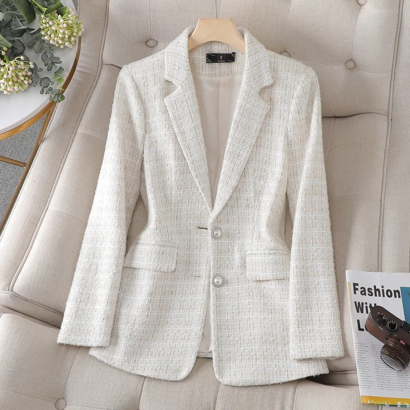 Pink Women's Suit  Autumn And Winter New High-End Tweed Plaid Design Elegant Goddess-Style Blazer
