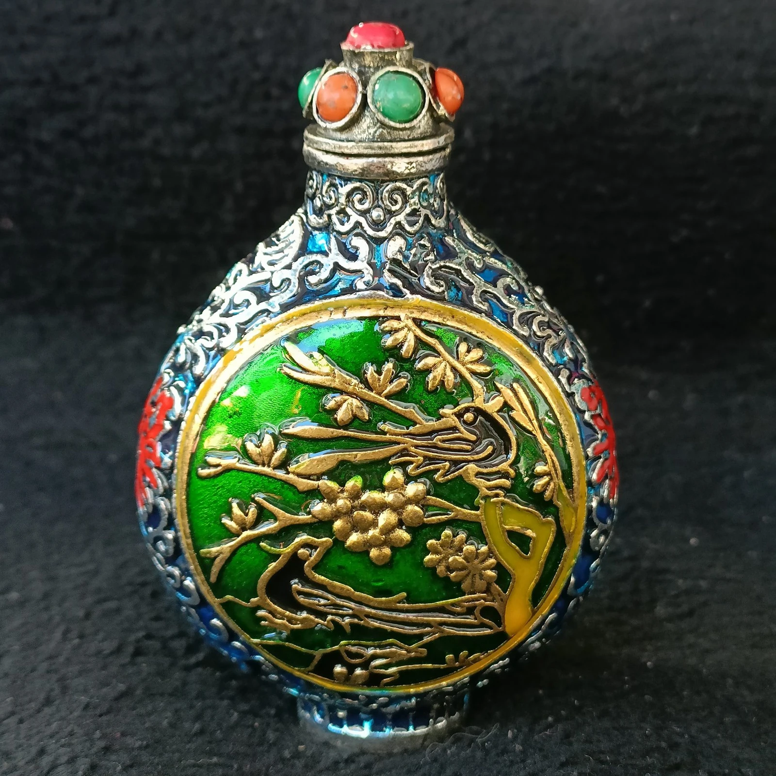 old Beijing chinese cloisonne snuff bottle enamel box painted Magpie painted art