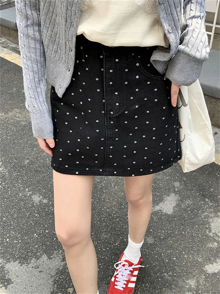 

Alien Kitty 2024 Denim Polka Dots Mini Skirts Women Summer Casual All Match High Waist Slim New Office Lady Daily Bodycon Chic