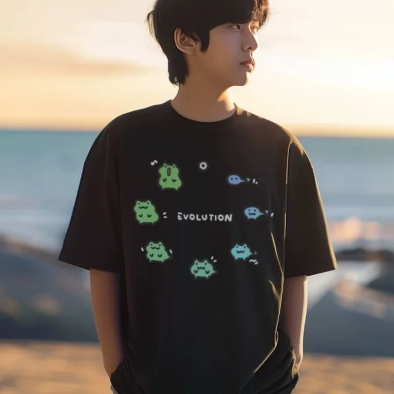 ZAZOMDE Evolutionary Frog Graphic Print Soft Cotton Men's Tee Loose Fit Urban Streetwear Summer Casual T Shirt Oversize 2025
