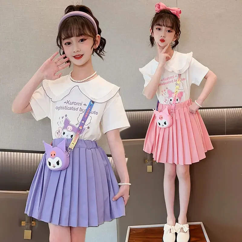 

Miniso Sanrio Kuromi Summer Children's Set Skirt Kawaii Girls Cotton Short Sleeved Top Dress Pleated Skirt Jk Uniform 2Pcs Gift