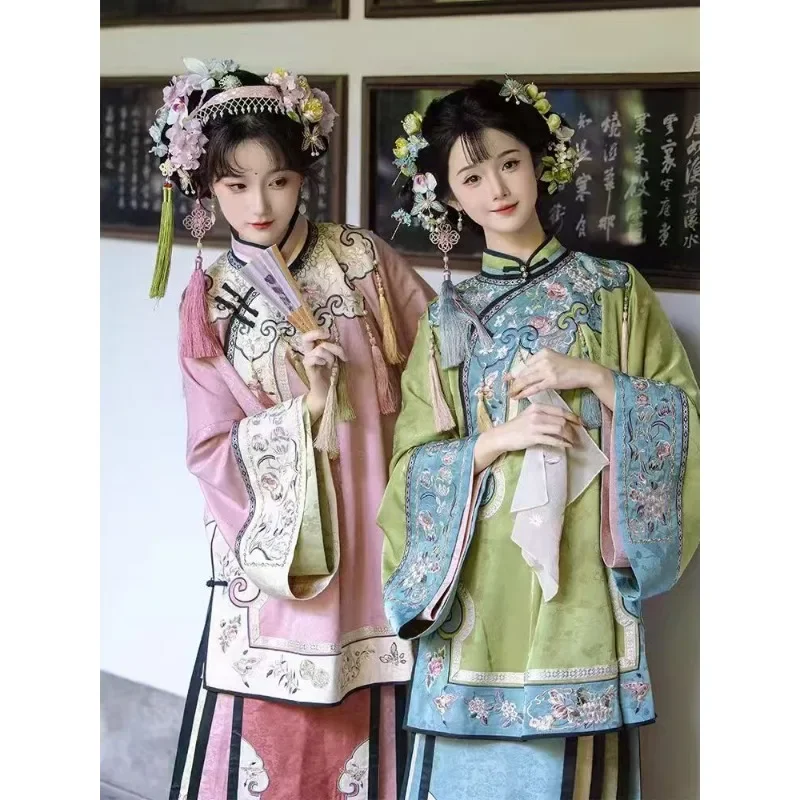 

Women Qing Dynasty Style Costumes Green Long Sleeved Printed Top Colorful Horse Faced Skirt Two Piece Hanfu China Online Store