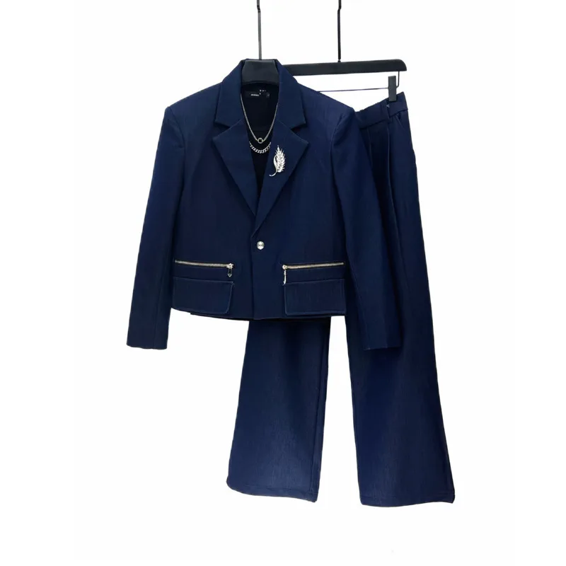 WVGA Spring Autumn New Men Tide Short Turn-Down Collar Blazer Niche Chic Casual High-Waisted Straight Suit Pants Sets Ins W16586