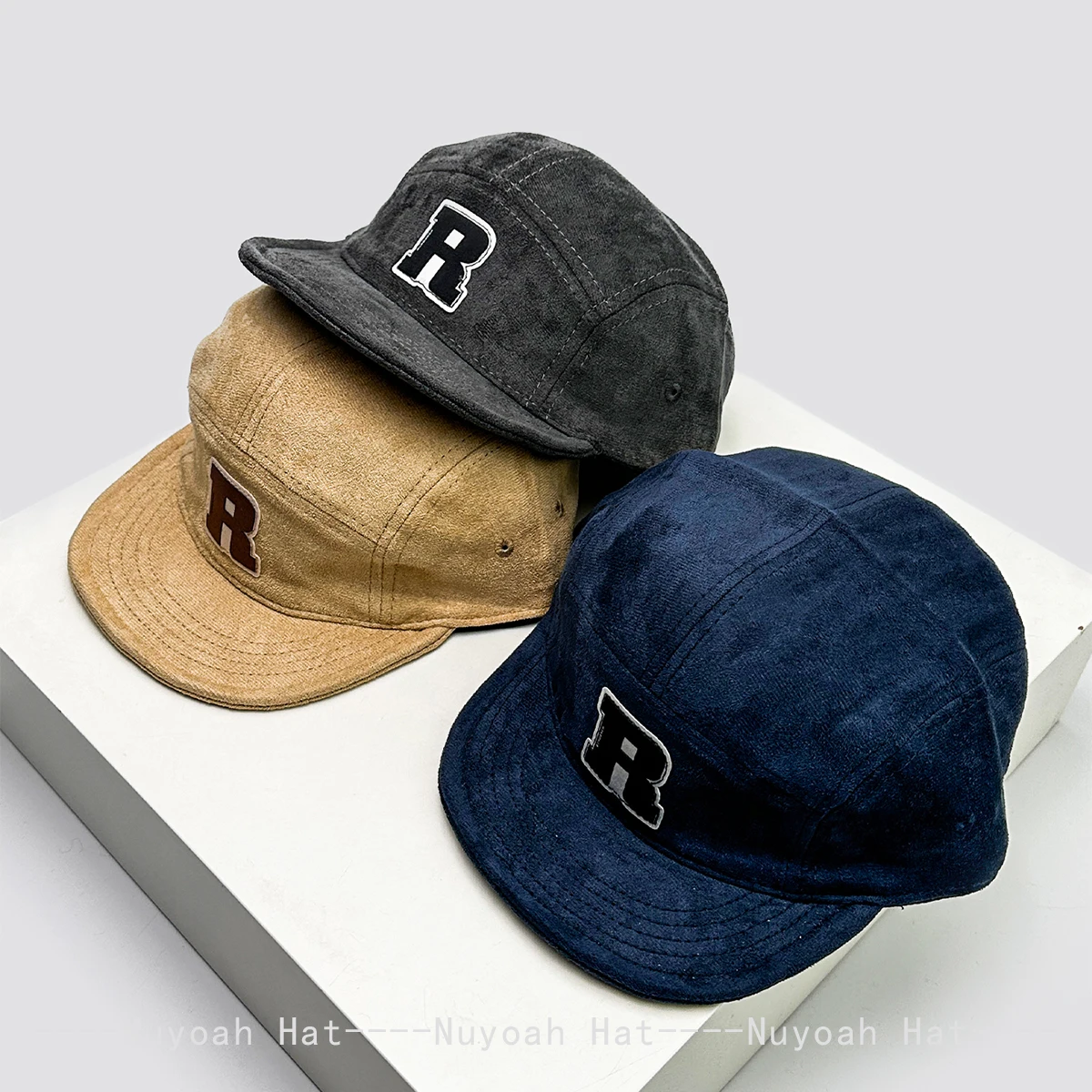 

New Men Women Korean Patch R Letter Baseball Hats Sunshade Flat Eave Versatile Suede Peaked Caps Niche Fashion Retro Simple ins