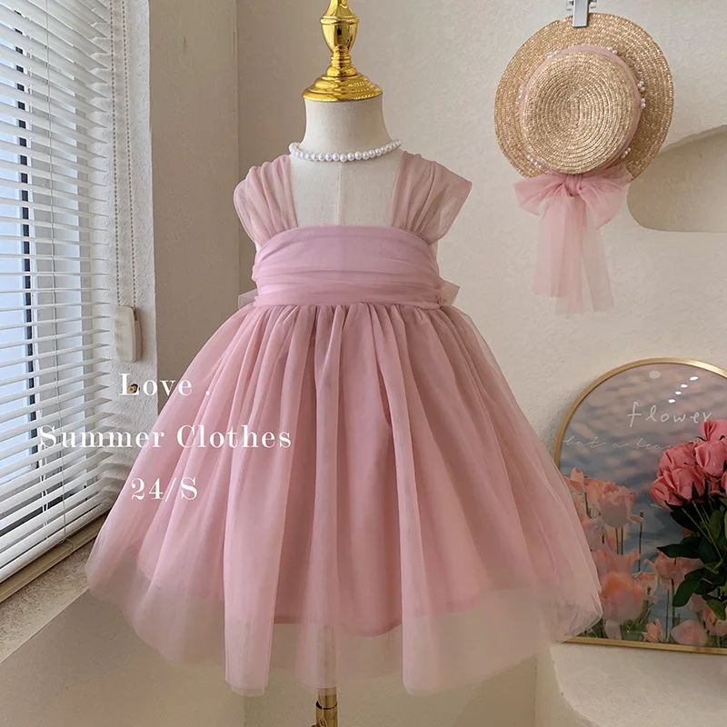 2024 Summer Girls New Product Childrens Fashion Bow Sweet and Cute Solid Color Simple Dress Trend Kids Clothes