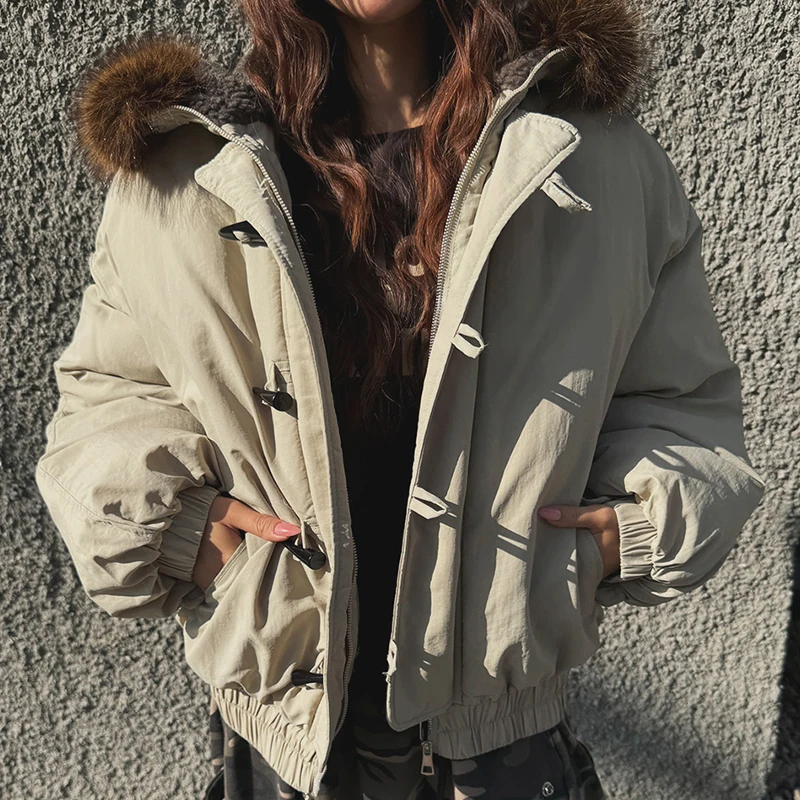 

Women's Winter Thiened down Jaet Coat with Large Fur Collar Faionable Chic Design Korean Sle Warm Cotton Outerwear