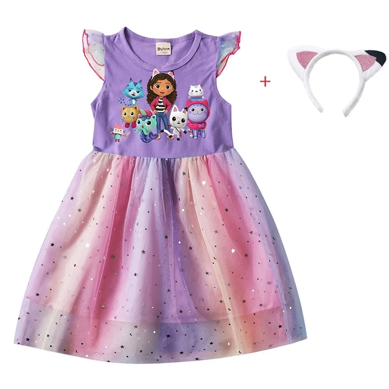 2PCS Baby Girl Princess Dresses + Headband Cartoon Gabby Cats for Kids Clothes Cosplay Costume Children Fly Sleeve Casual Dress