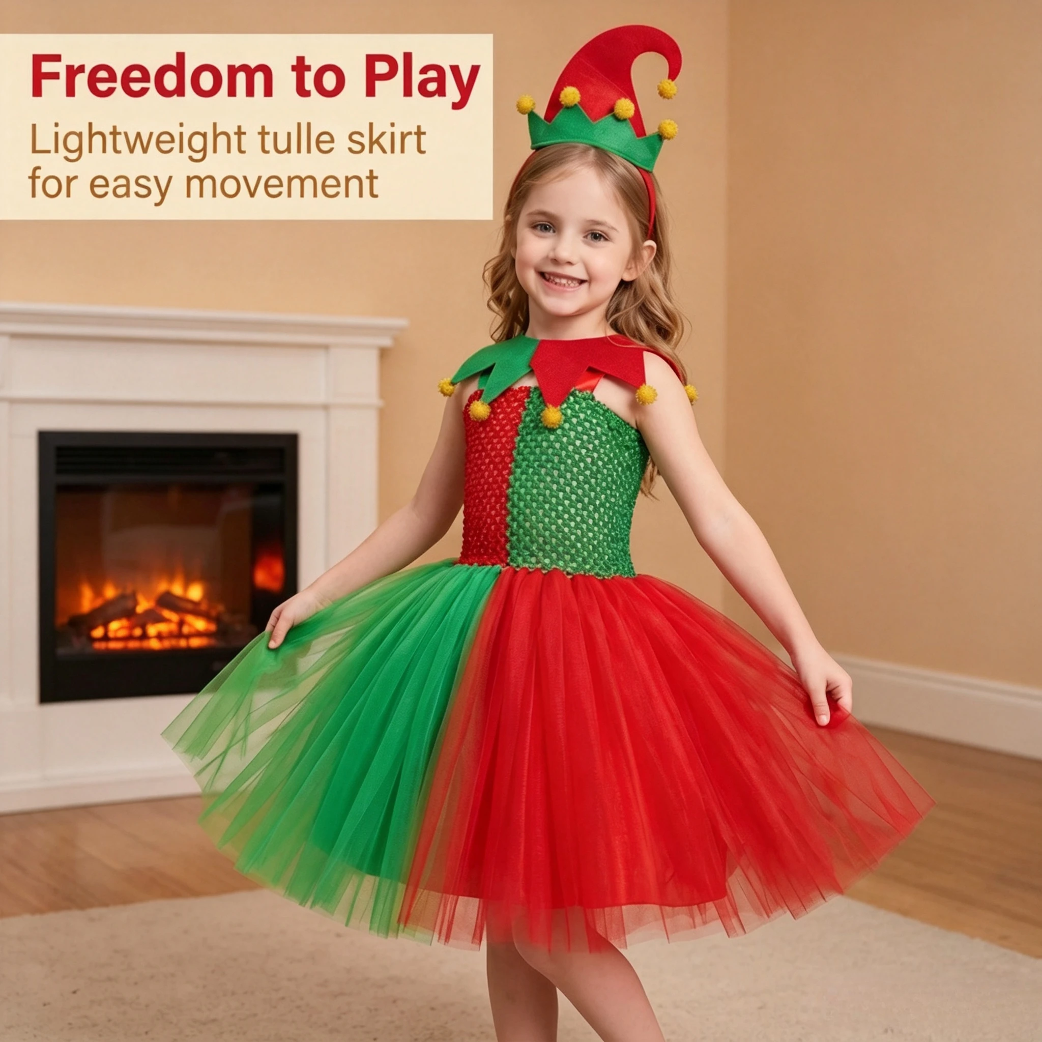 Girls Christmas Sleeveless Elf Mesh Tulle Dress With Tie And Headband Outfit Holiday Party Stage Performance Role Play Clothing