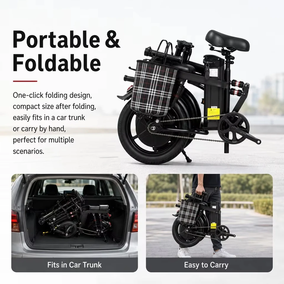 Folding Electric Bike 500W Peak Brushless Motor 48V15Ah Removable Lithium Battery Dual Seat E-Bike 14 Inch Foldable Electric Bicycle with GPS Anti-theft System Dual Disc Brake for Commute image 7