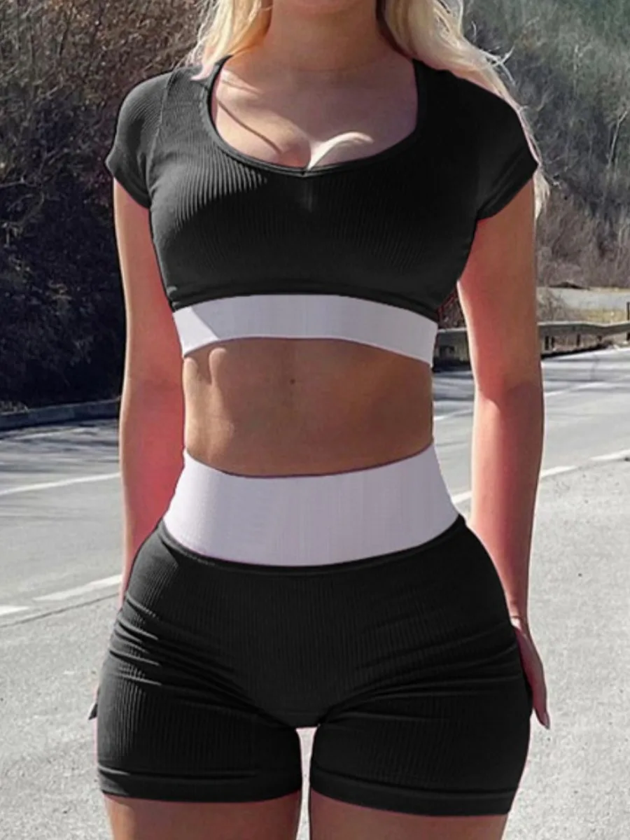 

LW BASICS Crop Top Rib Knit Shorts Set Trendy two-piece set women's clothing summer short sleeved T-shirt and shorts set