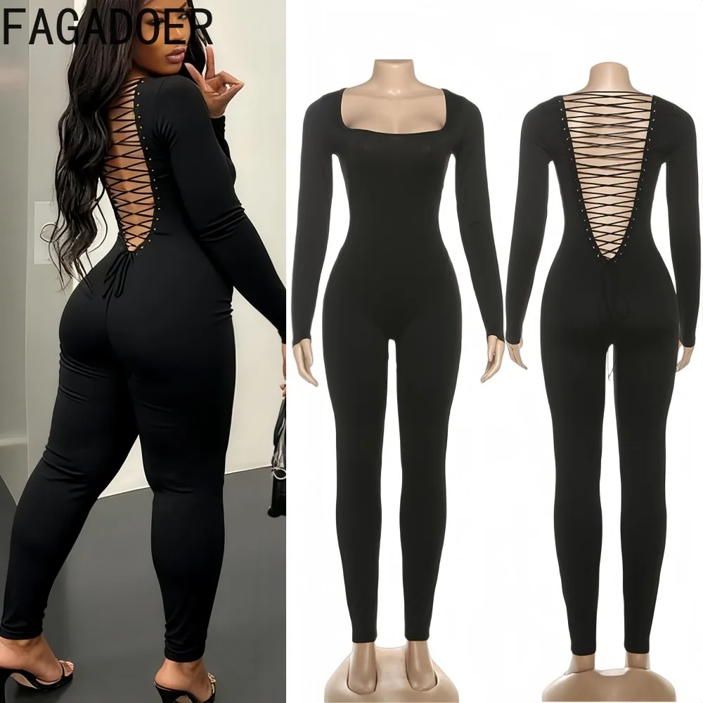 

FAGADOER Sexy Bandage Bodycon Jumpsuit Women Solid Color U Collar Long Sleeves Rompers Female Party Club Overalls Autumn New