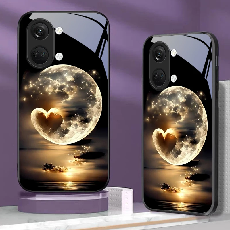 Coque de téléphone en verre noir avec réflexion de cœur céleste, pour OnePlus Nord CE 2T 2 3 Lite N20 N30 6T 7 7T 8 8T 9 10 Pro 11R 12R 13