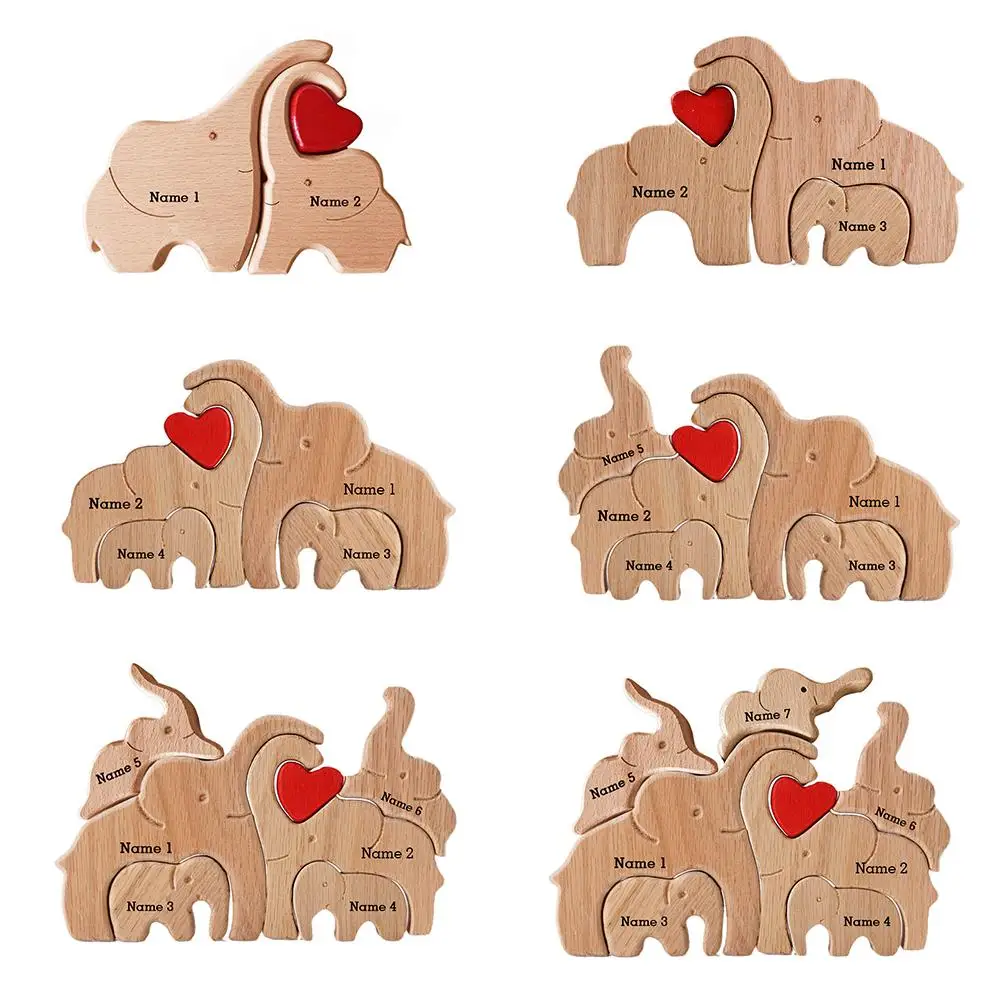 Wooden Elephant Family Statue DIY Your Family Name Art Crafts Desktop Ornament Wood Family Heart Wedding Christmas Gift 2024