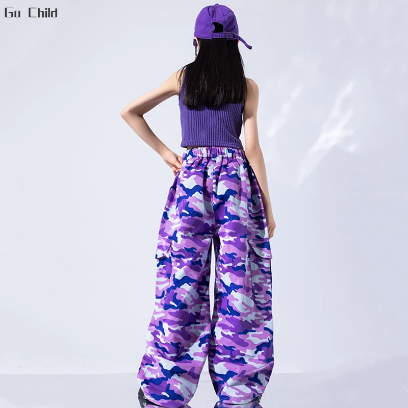 Girls Streetwear Hip Hop  Crop Tank Top Camouflage Purple Cargo Pants Kids Vest Street Dance Jazz Costumes Children Clothes Sets