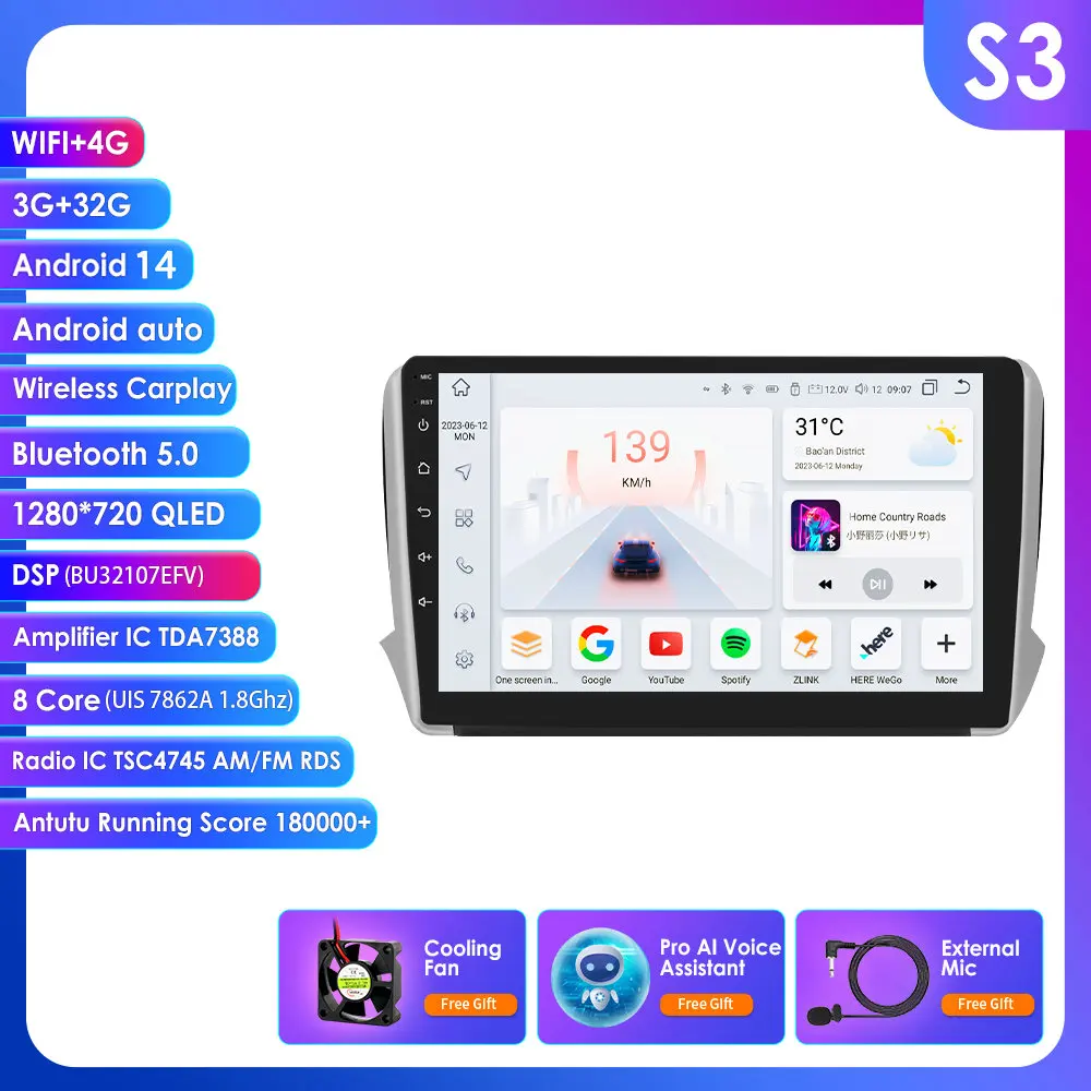 2 Din Android 14 Auto Multimedia Speler voor Peugeot 208 2008 Serie 2012-2018 Navigatie GPS AutoRadio Stereo DSP BT SWC DVR Cam