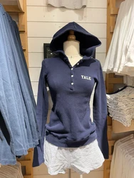 Letter Print Waffle Hooded T-shirt Women Spring New Buttons Long Sleeve Slim Tee Shirts Vintage Chic Preppy Style Tops Y2k 2025