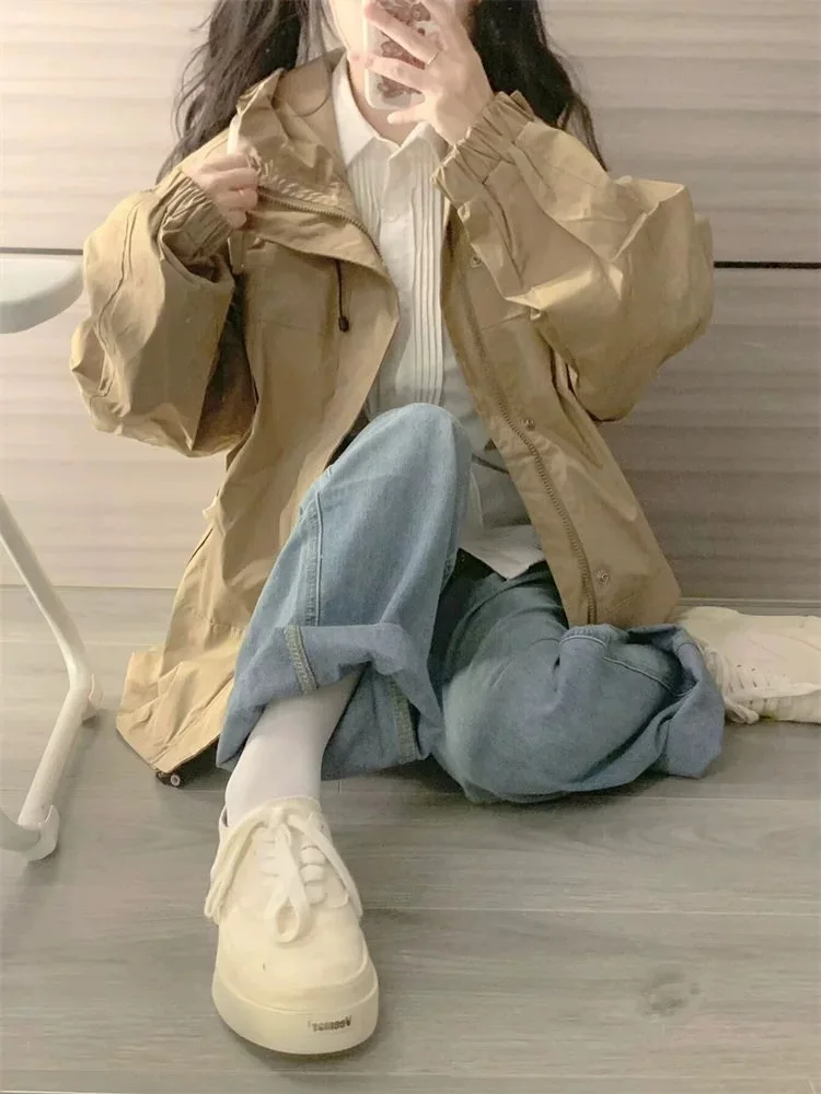 

Casual Coats Hooded Trench Coat Colour Festival Layers Attire Pleating Double-Vented Female'S Feminine Waistline Buttoning