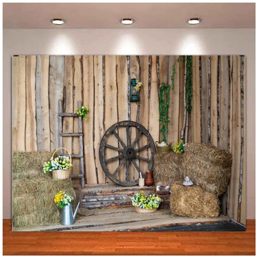 Photography Backdrop Spring Old Wood Barn Flowerpot Straw Stairs Children Interior Photo Background Banner Studio Photo