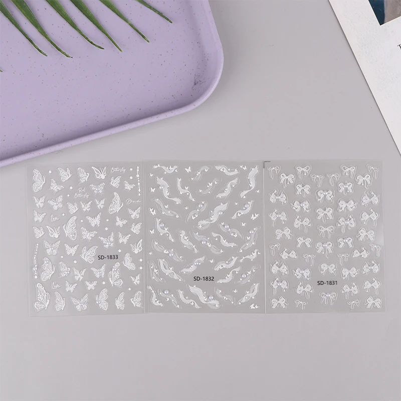 1 Uds. Pegatinas 5D de diamante japonés con lazo de encaje blanco para decoración de uñas, diamantes de imitación de perlas, calcomanías adhesivas para decoración de uñas, accesorios deslizantes DIY