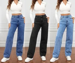 Denim Jeans donna pantaloni dritti lavaggio vita alta tasche larghe nozioni di base lunghezza alla caviglia Y2k pantaloni blu Streetwear leggero Strech