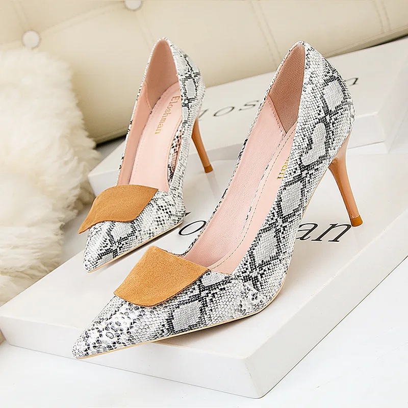 2024 Spring Sexy Stitching Snake Pattern Women Shoes Shallow Female High Heels Shoes Pointed Dress Nightclub Single Shoes Woman