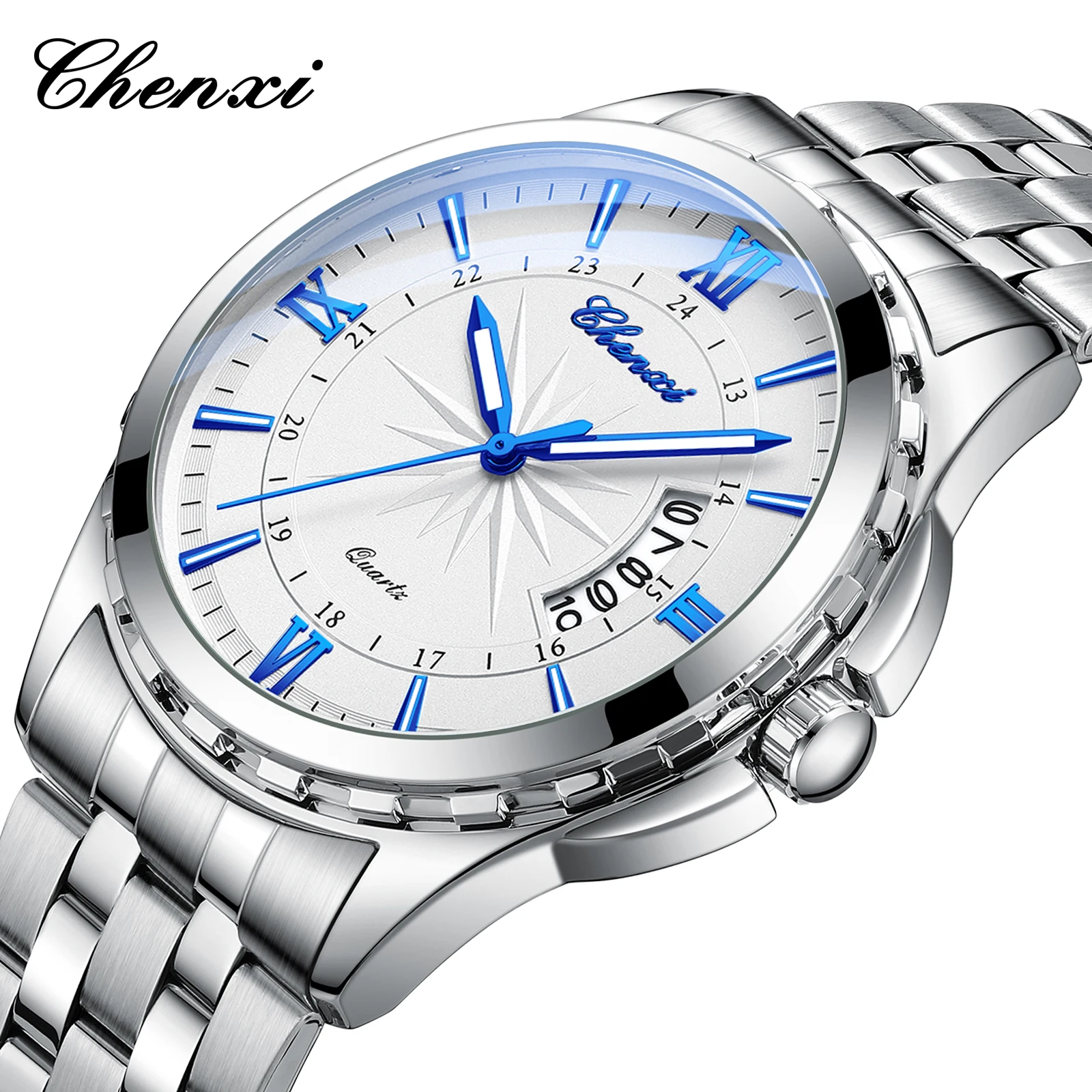 

CHENXI Business Stainless Steel Strap Men's Watches Waterproof Luminous Calendar Simple Large Disc Roman Numerals Men's Watch