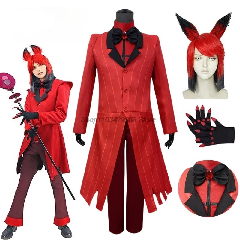 

Hazbin Cosplay Hotel Alastor Costume with Wig Red Jacket Uniform Suit Full Set of Halloween Carnival Birthday Party Dress