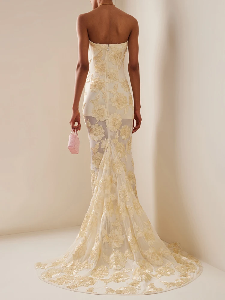 VC Summer New Sexy Lace 3D Flower Strapless Mermaid Maxi Dress Women Sleeveless Embroidered Floral Long Dress Elegant Dress