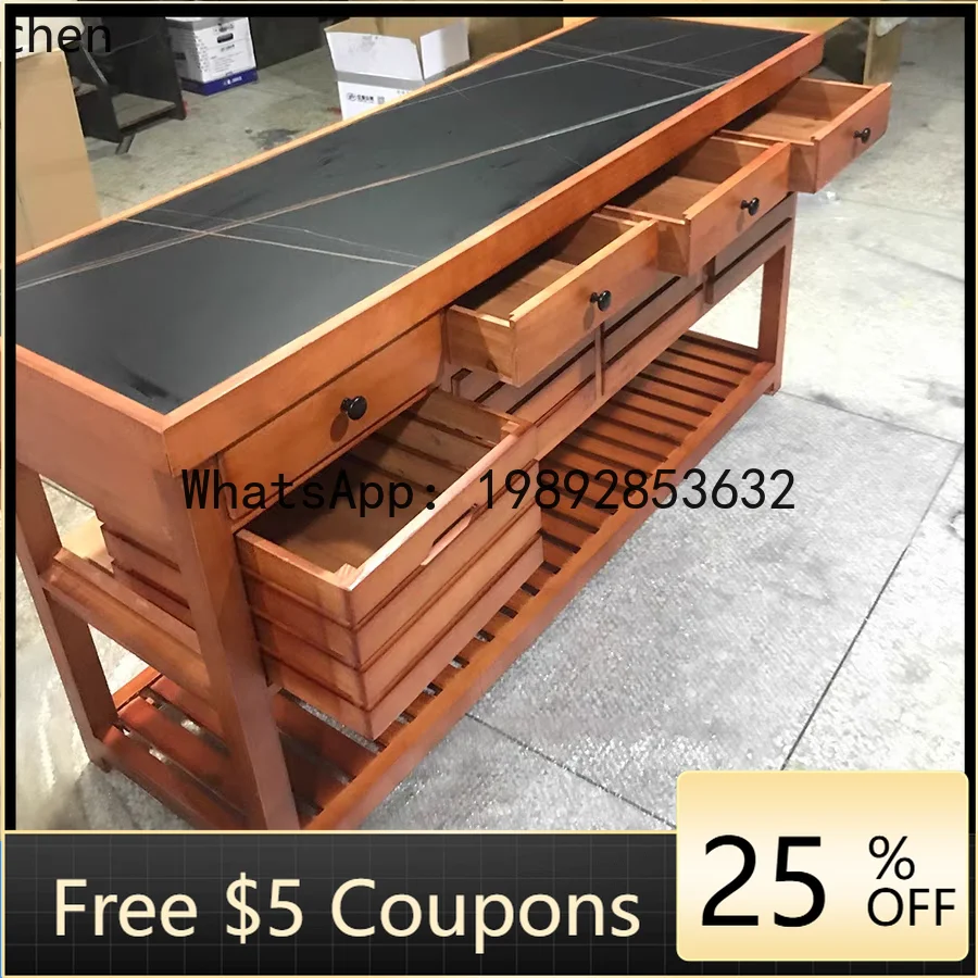 Solid Wood Cooking Table Open Edge Cabinet Retro Home Console Rural Dining Table Cabinet