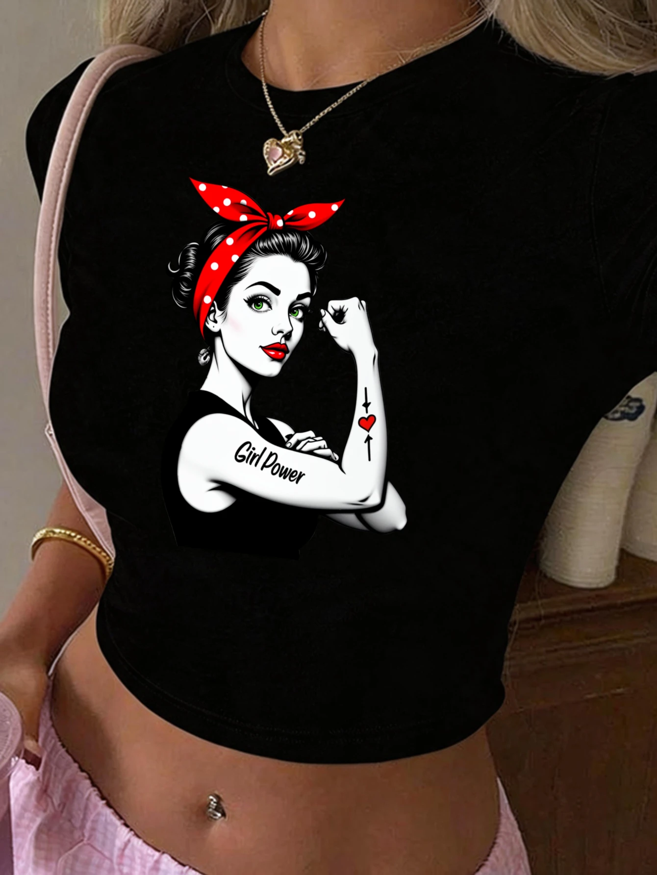 Retro Pin-Up Style, Women's T-Shirt, Girl Power Rosie The Riveter Graphic, Summer Casual Wear, Gift For Feminist Friends