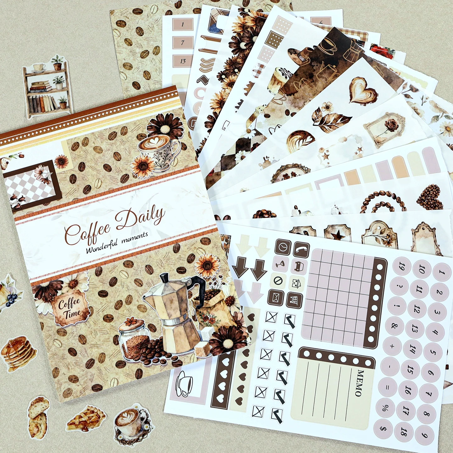 24Sheets Large Size Waterproof Dual-Material Coffee Washi PET Sticker Book Bread Stickers Set For Scrapbooking Junk Journal
