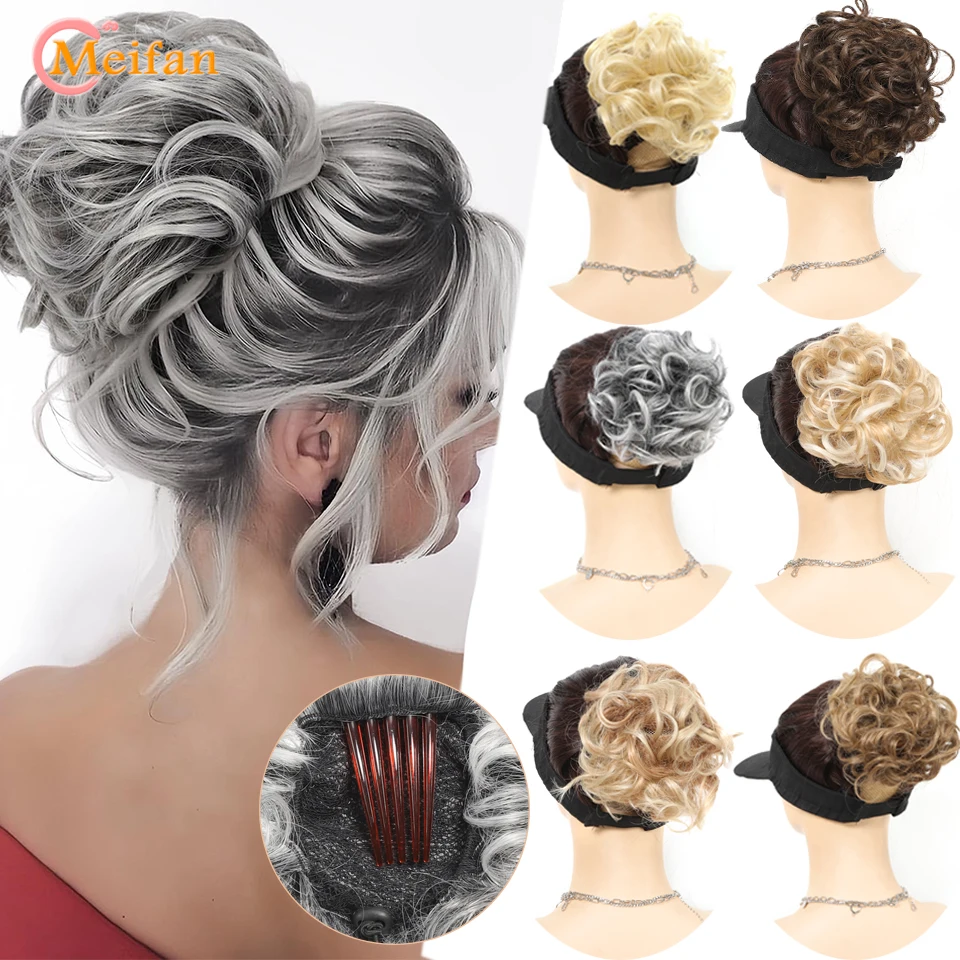 

MEIFAN Drawstring Hair Bun Hairpiece Synthetic Chignon with Comb Clip in Hair Extension Fully Brown Blonde Short Ponytail Women