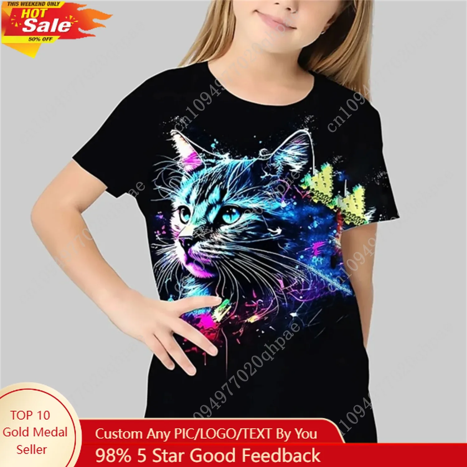 

Children Clothes Girl 3D Print Cute Cat Casual Short Sleeves Graphic T Shirts Cute and Funny Summer Outdoor T-Shirt for Girls