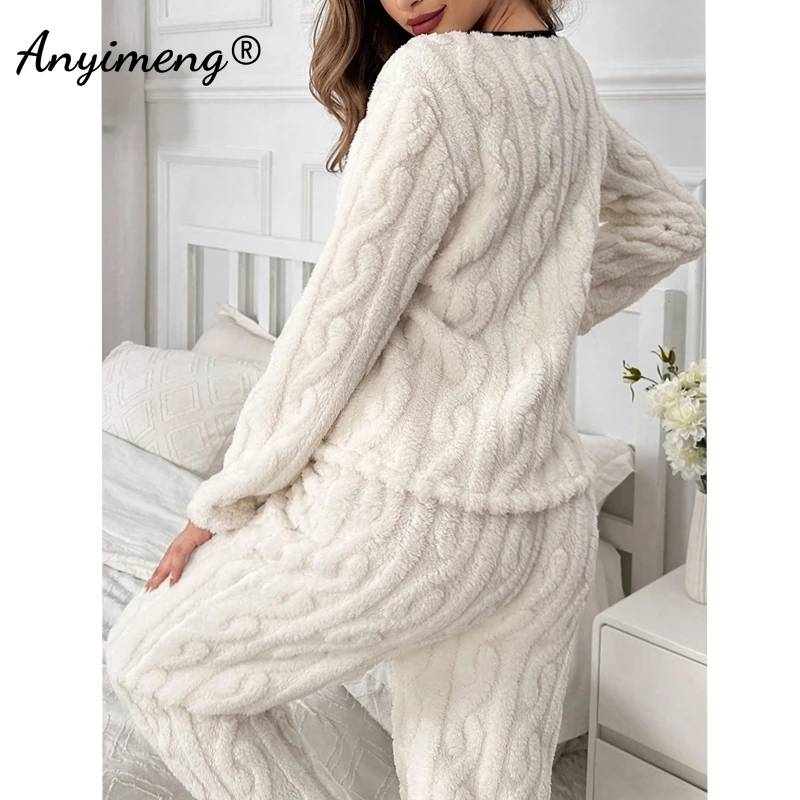 Jacquard Fluffy Lady Sleepwear Chic V-neck Lapel Thermal Pijamas Casual Nightwear Elegant Plain White Winter Women Pajamas Set