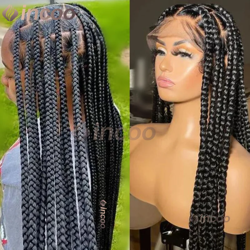 36 Inch Synthetic Larger Box Braided Wigs Afro Knotless 360 Full Lace Frontal Braid Wigs Black Women Prepluck Baby Hair Incoo