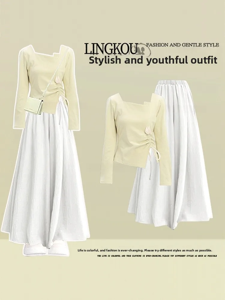 

Elegant Autumnal Gentle Style Women's Two-Piece Set Slimming Casual Skirt Pants Comfortable Long Sleeve T-Shirt High Waist