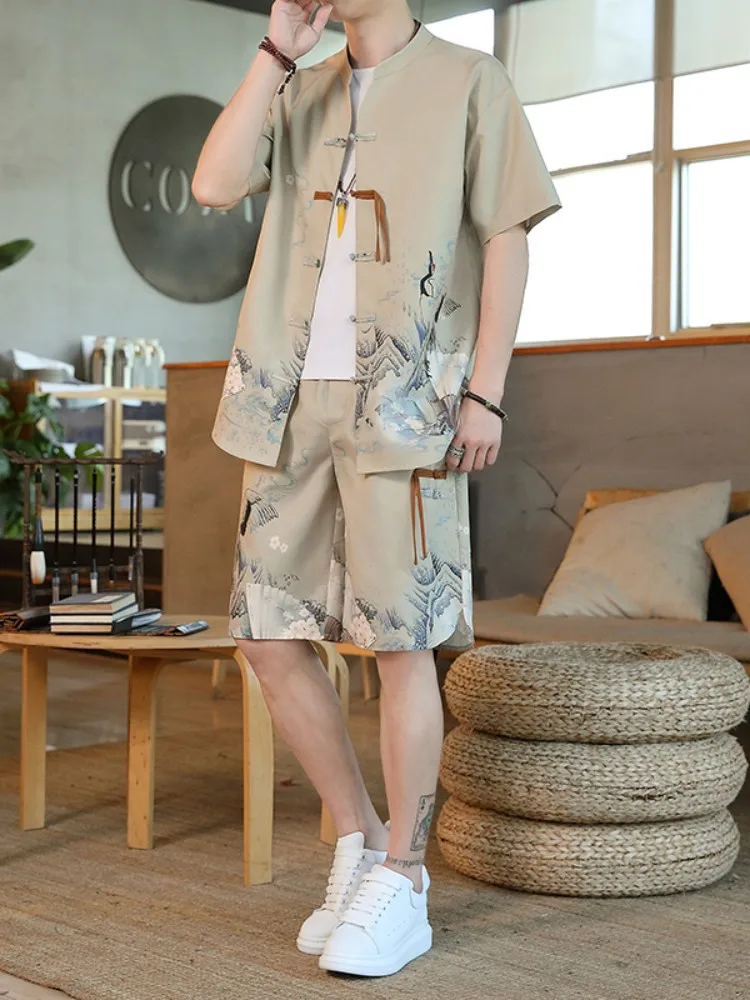 

Retro Chinese Sle Men's T-irt ort Sve Button up Two Piece Set Summer Zen Theme Loose Fit Printed Faionable Youthwear