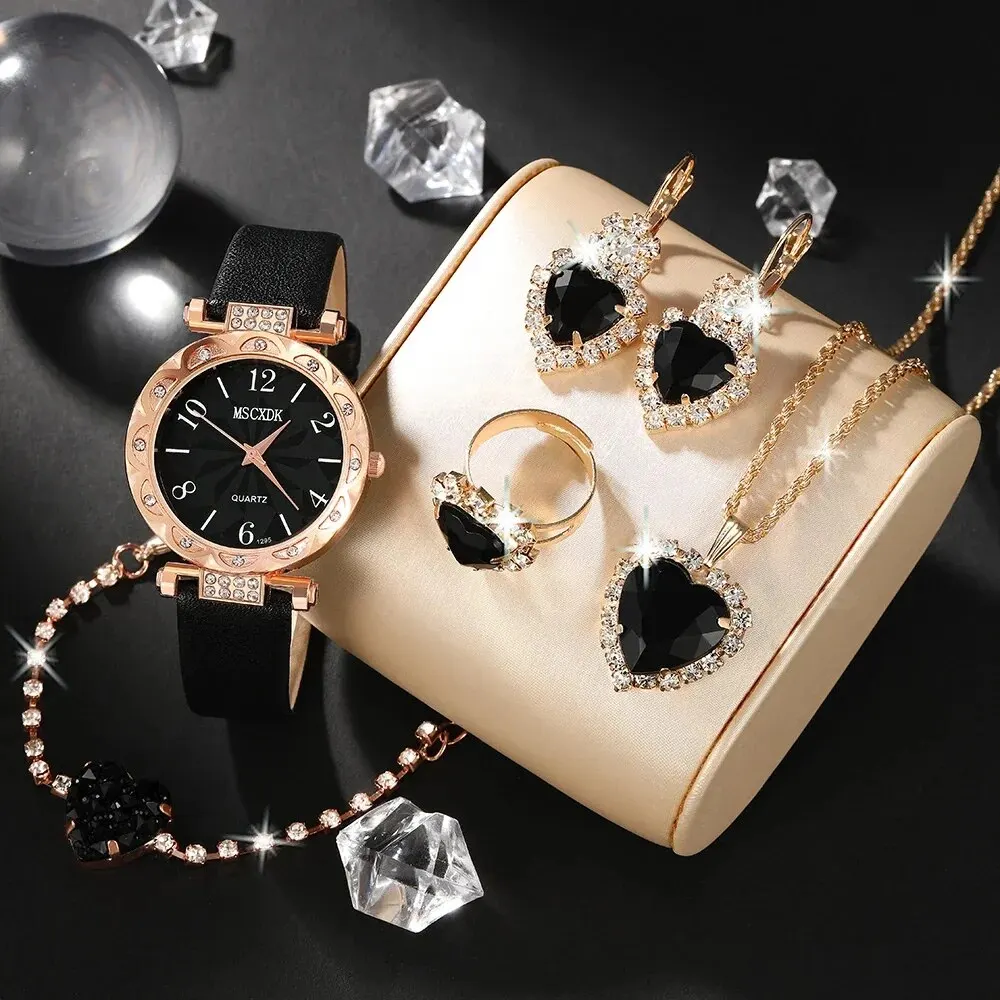 6pcs Women\'s Quartz Watch Black Leather Quartz Watch and Love Jewelry Set Necklace Ring Earrings Bracelet Set