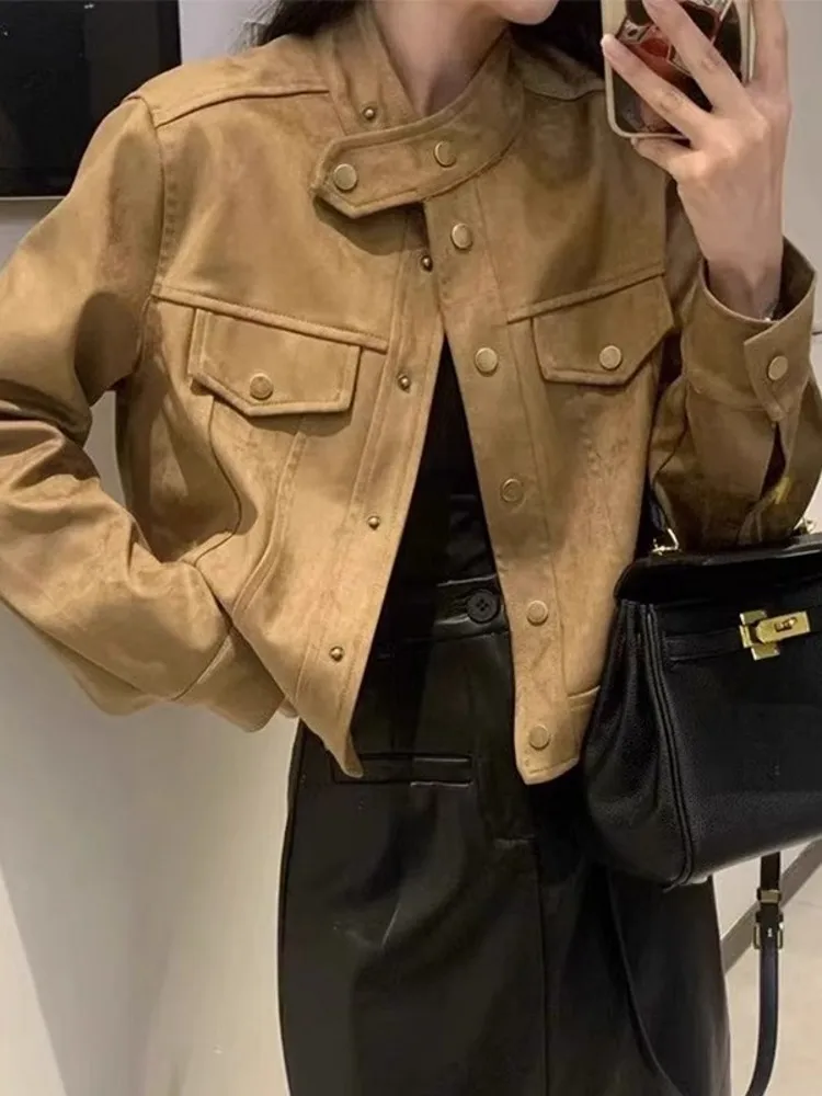 

Ретро корейский замшевый длинный свек Jaet женский ранняя весна осень маленький размер повседневный ort мотоциклетный топ с застежкой на пуговицы