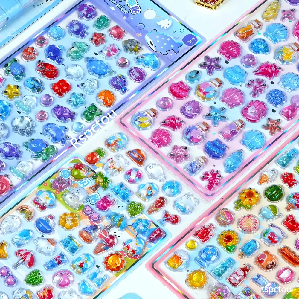 

4pcs Fresh Summer Style Marine Animals 3D Crystal Stickers Cute Aesthetic Cartoon Relief Decals Luggage Phone Diary Sticker Toy