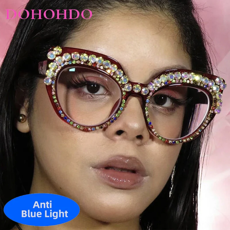 

Fashion Rhinestone Decorate Anti-Blue Light Eyewear Oversized Cat Eye Women Men Spectacle Luxury Design Optical Glasses Lentes