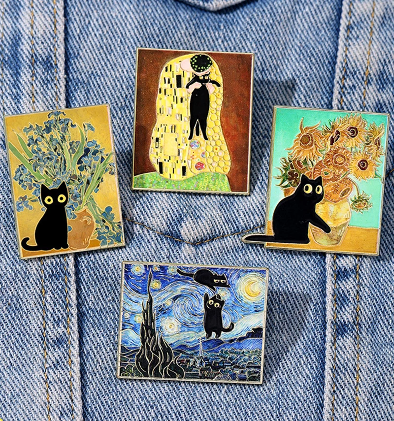 Broches de gato negro con pintura al óleo, alfileres de solapa, girasol, cielo estrellado, orquídea, pintura al óleo abstracta, insignia de dibujos animados de gato, regalo de joyería