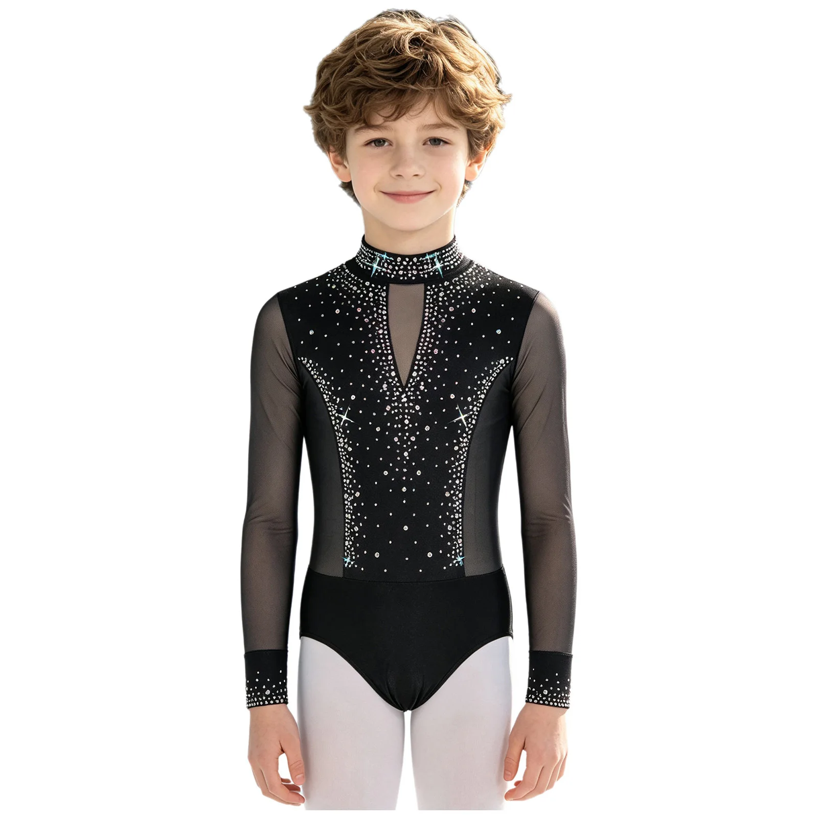 Kids Boys Figure Skating Gymnastics Leotards Latin Tango Samba Dance Costume Long Sleeve Mesh Shiny Rhinestone Ballet Unitards