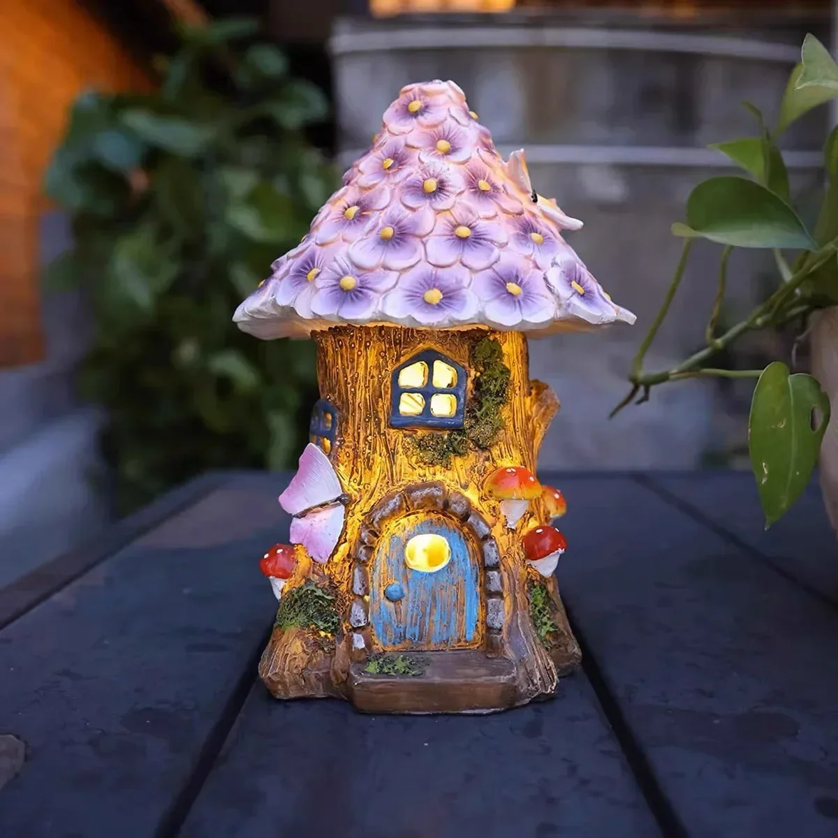 Craft Miniature Flower House Solar LED Lights Garden Fairy Outdoor Walkway Sunflower Resin Cottage Christmas Lights Decoration