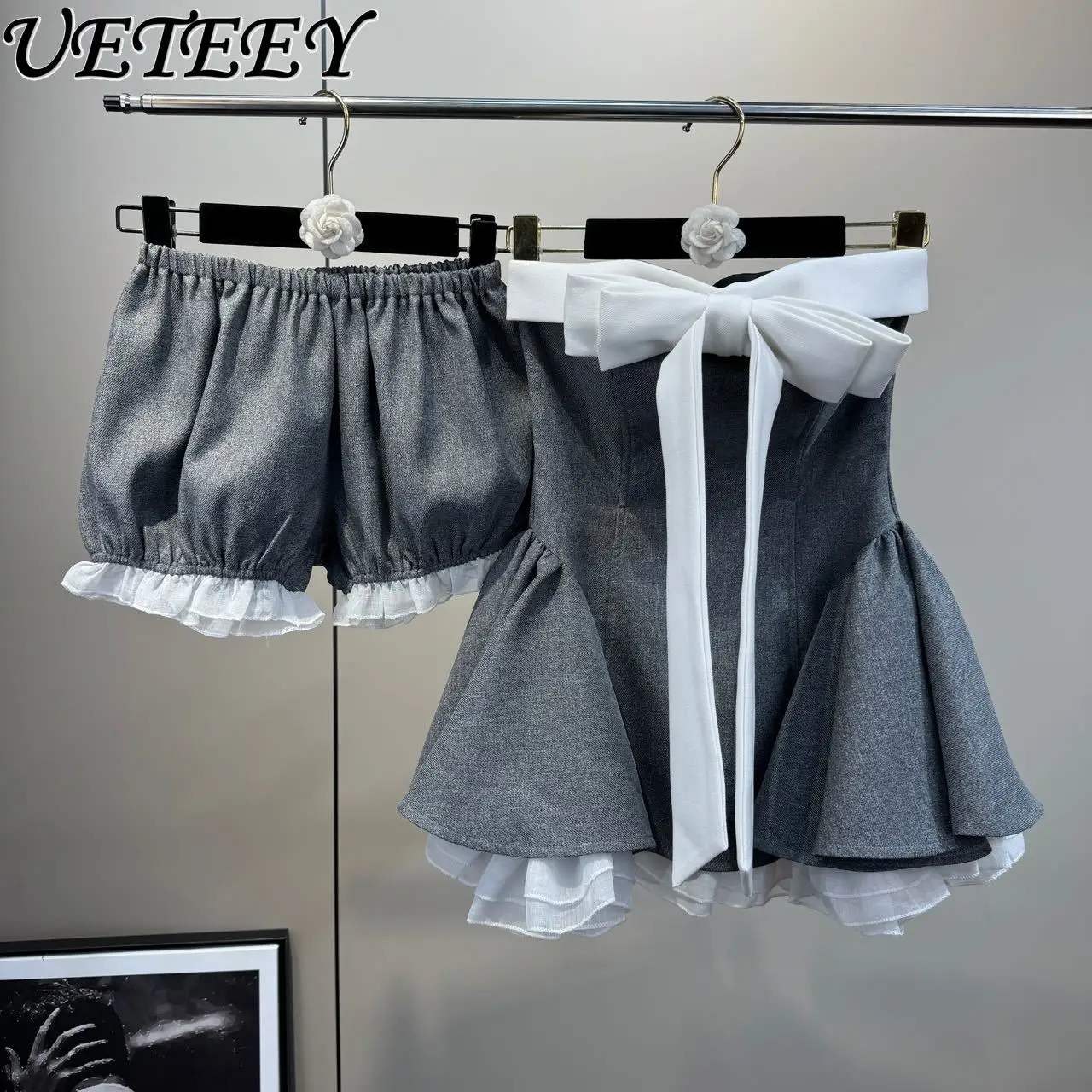 

Весенне-летнее новое утягивающее платье без бретелек с бантом и шортами на эластичной талии во французском стиле в стиле ретро, комплект из двух предметов