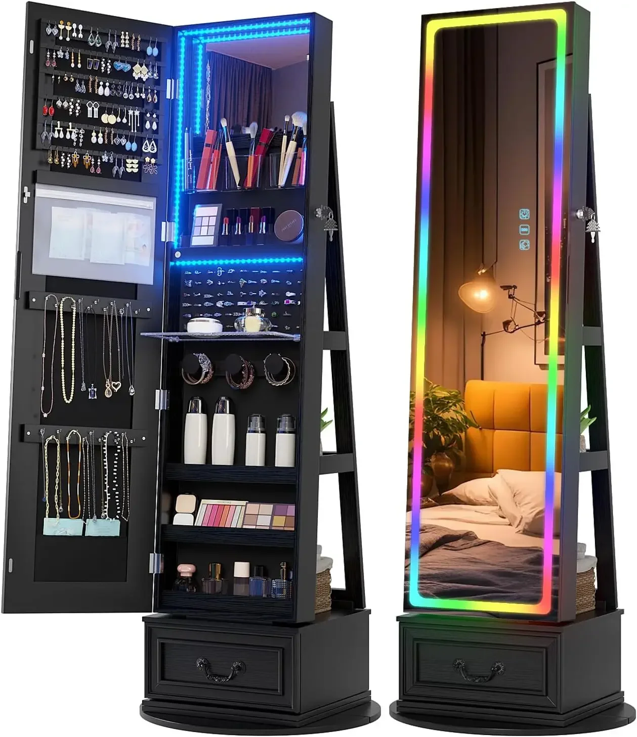 Jewelry Armoire with Full Length LED Mirror, 360° Swivel, Black | Standing Mirror with Storage, Lockable Jewelry Cabinet with To