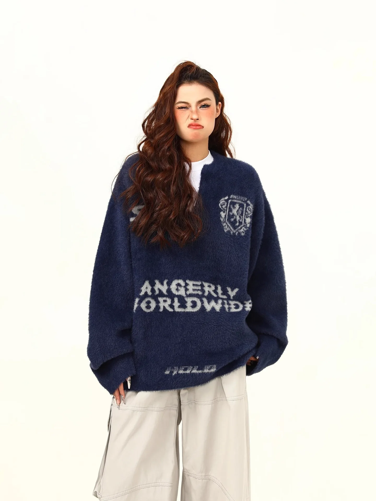 

Knitwear Sweater Pullover 2024 V-Neck Jerseys Sporty Style Badge Plush Cool Girl Both Sexes