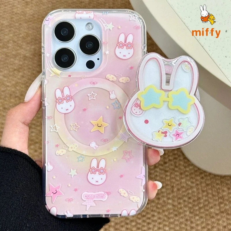 

Kawaii Miffy Phone Shell Suitable for Iphone 17 16 15 14 Pink Cartoon Magnetic Stand Anti Drop Phone Case Anime Accessories Gift